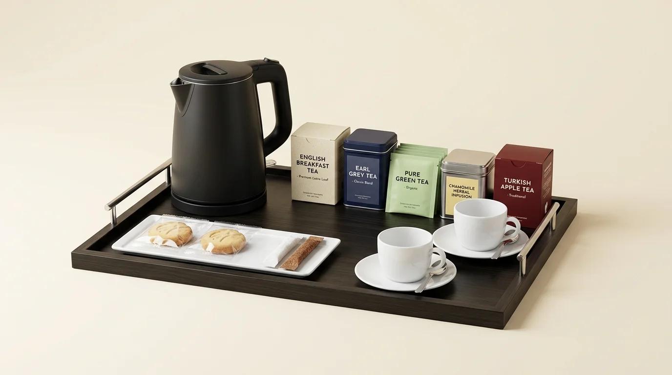 5 Yapraklı Lüks Çay Seti (Tepsi + Kettle + İkram) — otel oda ikram